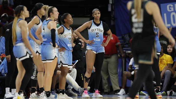 Jul 13, 2024; Chicago, Illinois, USA; Chicago Sky forward Angel Reese (5) looks on during the second half of a WNBA game against the New York Liberty at Wintrust Arena. Mandatory Credit: Kamil Krzaczynski-Imagn Images