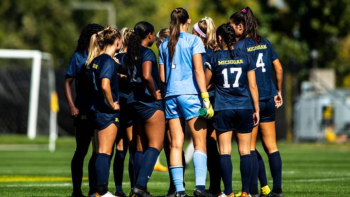 Michigan Wolverines players huddle up during a NCAA Big Ten Conference women's soccer match against Iowa, Sunday, Oct. 2, 2022, at the University of Iowa Soccer Complex in Iowa City, Iowa.

221002 Mich Iowa Wsoc 013 Jpg