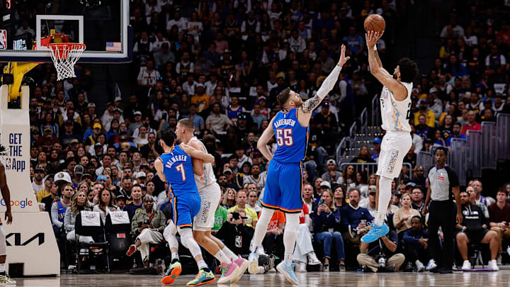 May 15, 2025; Denver, Colorado, USA; Denver Nuggets guard Jamal Murray (27) shoots a jumper against Oklahoma City Thunder center Isaiah Hartenstein (55) in the first quarter during Game 6 of the second round at Ball Arena. Mandatory Credit: Isaiah J. Downing-Imagn Images May 15, 2025; Denver, Colorado, USA; Denver Nuggets guard Jamal Murray (27) shoots a jumper against Oklahoma City Thunder center Isaiah Hartenstein (55) in the first quarter during Game 6 of the second round at Ball Arena. Mandatory Credit: Isaiah J. Downing-Imagn Images