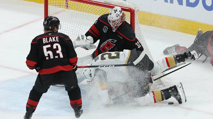 Jun 11, 2026; Raleigh, North Carolina, USA; Vegas Golden Knights center Nic Dowd (26) collides with Carolina Hurricanes goaltender Brandon Bussi (32) during the second period in game five of the 2026 Stanley Cup Final at Lenovo Center. Mandatory Credit: Nathan Ray Seebeck-Imagn Images Jun 11, 2026; Raleigh, North Carolina, USA; Vegas Golden Knights center Nic Dowd (26) collides with Carolina Hurricanes goaltender Brandon Bussi (32) during the second period in game five of the 2026 Stanley Cup Final at Lenovo Center. Mandatory Credit: Nathan Ray Seebeck-Imagn Images