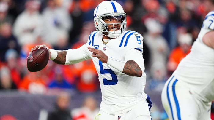 Dec 15, 2024; Denver, Colorado, USA; Indianapolis Colts quarterback Anthony Richardson (5) prepares to pass the ball in the second half against the Denver Broncos at Empower Field at Mile High. Mandatory Credit: Ron Chenoy-Imagn Images Dec 15, 2024; Denver, Colorado, USA; Indianapolis Colts quarterback Anthony Richardson (5) prepares to pass the ball in the second half against the Denver Broncos at Empower Field at Mile High. Mandatory Credit: Ron Chenoy-Imagn Images