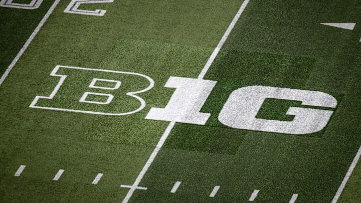 A patchwork of turf surrounds the Big Ten logo where it replaced the Pac-12 logo on the field at Autzen Stadium Saturday, Aug. 31, 2024 in Eugene, Ore.