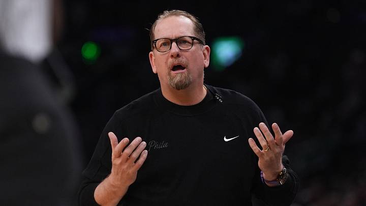 Philadelphia 76ers head coach Nick Nurse watches from the sideline as they take on the Boston Celtics during game five of the first round of the 2026 NBA Playoffs at TD Garden on Apr. 28, 2026.