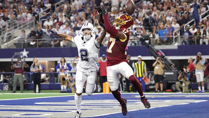 Dallas Cowboys cornerback Cobie Durant (2) breaks up a pass intended for Washington Commanders wide receiver Terry McLaurin (17) in the end zone during the second half at AT&T Stadium. Mandatory Credit: Kevin Jairaj-Imagn Images Dallas Cowboys cornerback Cobie Durant (2) breaks up a pass intended for Washington Commanders wide receiver Terry McLaurin (17) in the end zone during the second half at AT&T Stadium. Mandatory Credit: Kevin Jairaj-Imagn Images
