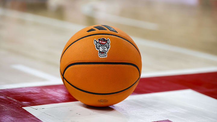 Jan 17, 2026; Raleigh, North Carolina, USA; NC State Wolfpack ball during the second half of the game against the Georgia Tech Yellow Jackets at the Lenovo Center. Mandatory Credit: Jaylynn Nash-Imagn Images