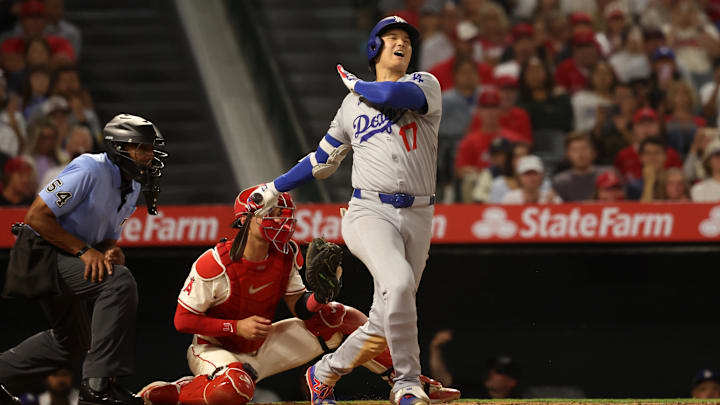Aug 13, 2025; Anaheim, California, USA;  Los Angeles Dodgers two-way player Shohei Ohtani (17) strikes out during the eighth inning against the Los Angeles Angels at Angel Stadium. Mandatory Credit: Kiyoshi Mio-Imagn Images