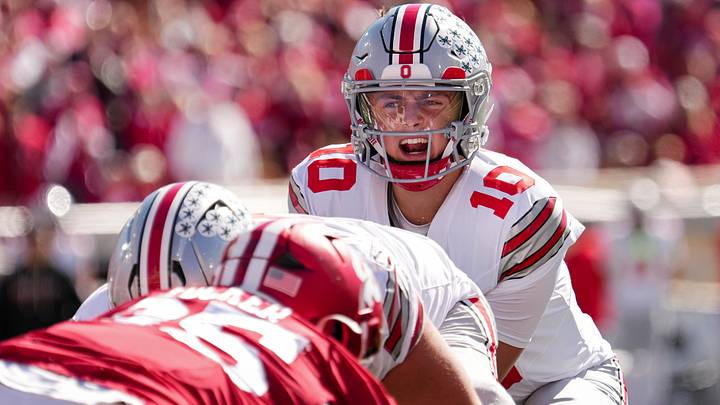 Ohio State Buckeyes quarterback Julian Sayin (10) yells from the line of scrimmage during the NCAA football game against the Indiana Hoosiers at Memorial Stadium Stadium in Bloomington, Ind. on Oct. 17, 2026.