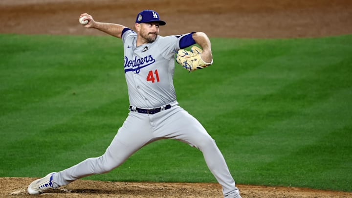 Los Angeles Dodgers pitcher Daniel Hudson (41) throws during the seventh inning against the New York Yankees in game three of the 2024 MLB World Series at Yankee Stadium on Oct 28.