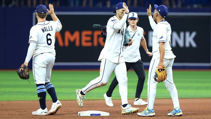 Oct 5, 2026; St. Petersburg, Florida, USA; Tampa Bay Rays outfielder Victor Mesa Jr. (25) and Tampa Bay Rays second baseman Richie Palacios (1) celebrate the win against the New York Yankees in game two of the ALDS for the 2026 MLB Playoffs at Tropicana Field. Mandatory Credit: Kim Klement Neitzel-Imagn Images Oct 5, 2026; St. Petersburg, Florida, USA; Tampa Bay Rays outfielder Victor Mesa Jr. (25) and Tampa Bay Rays second baseman Richie Palacios (1) celebrate the win against the New York Yankees in game two of the ALDS for the 2026 MLB Playoffs at Tropicana Field. Mandatory Credit: Kim Klement Neitzel-Imagn Images