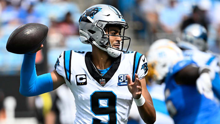Sep 15, 2024; Charlotte, North Carolina, USA; Carolina Panthers quarterback Bryce Young (9) looks to pass in the third quarter at Bank of America Stadium. Mandatory Credit: Bob Donnan-Imagn Images Sep 15, 2024; Charlotte, North Carolina, USA; Carolina Panthers quarterback Bryce Young (9) looks to pass in the third quarter at Bank of America Stadium. Mandatory Credit: Bob Donnan-Imagn Images