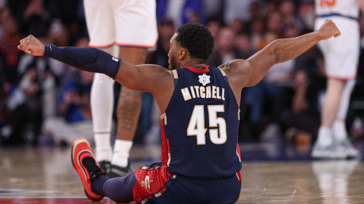 Dec 25, 2025; New York, New York, USA; Cleveland Cavaliers guard Donovan Mitchell (45) reacts after being fouled during the second half against the New York Knicks at Madison Square Garden. Mandatory Credit: Vincent Carchietta-Imagn Images