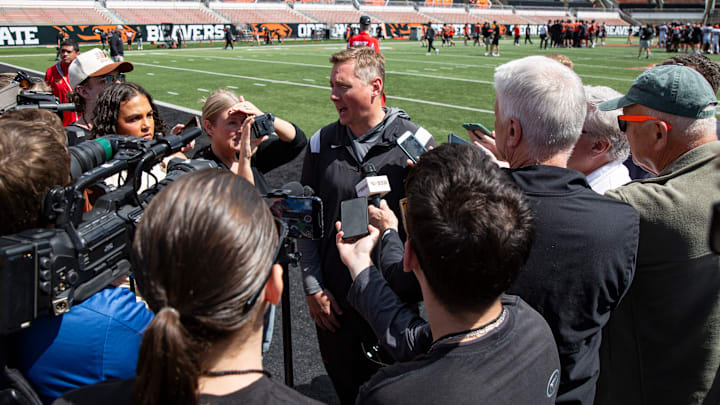Oregon State head coach Trent Bray gets interviewed after the Oregon State Spring Game at Reser Stadium on Saturday, April 29, 2025, in Corvallis, Ore. Oregon State head coach Trent Bray gets interviewed after the Oregon State Spring Game at Reser Stadium on Saturday, April 29, 2025, in Corvallis, Ore.
