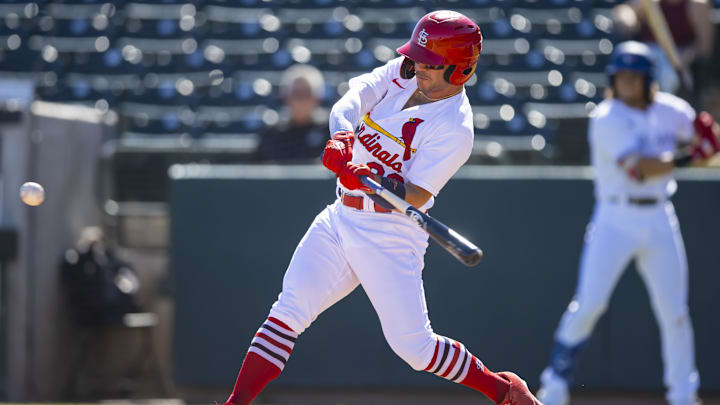 Oct 22, 2022; Phoenix, Arizona, USA; St Louis Cardinals outfielder Mike Antico plays for the Salt River Rafters during an Arizona Fall League baseball game at Phoenix Municipal Stadium. Mandatory Credit: Mark J. Rebilas-Imagn Images Oct 22, 2022; Phoenix, Arizona, USA; St Louis Cardinals outfielder Mike Antico plays for the Salt River Rafters during an Arizona Fall League baseball game at Phoenix Municipal Stadium. Mandatory Credit: Mark J. Rebilas-Imagn Images