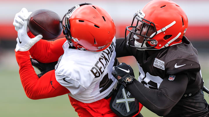 Odell Beckham, Jr. making a catch during Cleveland Browns Training Camp before he became a Super Bowl Champion with the Los Angeles Rams.