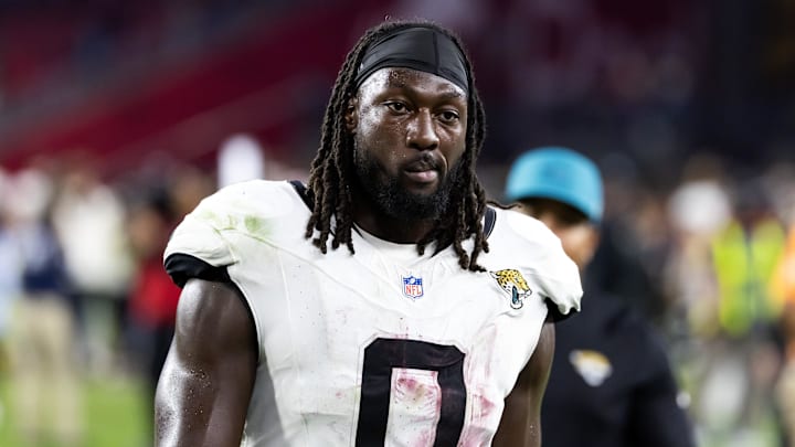 Nov 23, 2025; Glendale, Arizona, USA; Jacksonville Jaguars linebacker Devin Lloyd (0) against the Arizona Cardinals at State Farm Stadium. Mandatory Credit: Mark J. Rebilas-Imagn Images