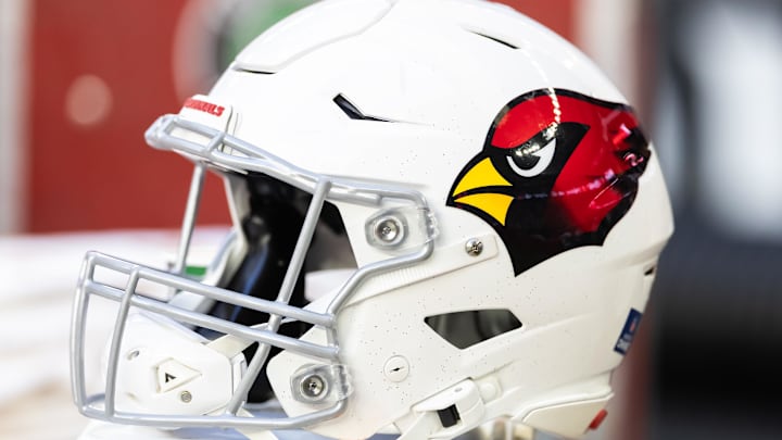 Dec 7, 2025; Glendale, Arizona, USA; Detailed view of an Arizona Cardinals helmet at State Farm Stadium. Mandatory Credit: Mark J. Rebilas-Imagn Images