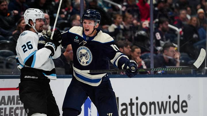 Oct 3, 2026; Columbus, Ohio, USA; Columbus Blue Jackets left wing Dmitri Voronkov (10) reacts to an official as he skates against Utah Mammoth defenseman Dmitri Simashev (26) in the third period at Nationwide Arena. Mandatory Credit: Aaron Doster-Imagn Images Oct 3, 2026; Columbus, Ohio, USA; Columbus Blue Jackets left wing Dmitri Voronkov (10) reacts to an official as he skates against Utah Mammoth defenseman Dmitri Simashev (26) in the third period at Nationwide Arena. Mandatory Credit: Aaron Doster-Imagn Images