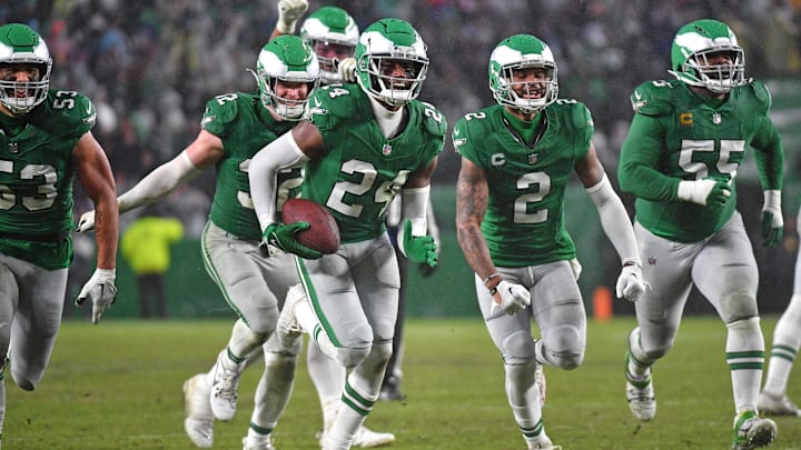 Nov 26, 2023; Philadelphia, Pennsylvania, USA; Philadelphia Eagles cornerback James Bradberry (24) celebrates his interception during the fourth quarter against the Buffalo Bills at Lincoln Financial Field. Mandatory Credit: Eric Hartline-Imagn Images