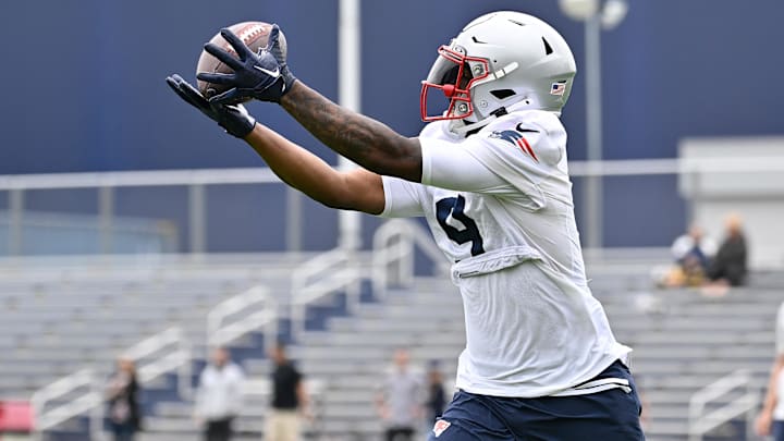 Jun 9, 2025; Foxborough, MA, USA; New England Patriots wide receiver Kayshon Boutte (9) makes a catch during minicamp at Gillette Stadium. Mandatory Credit: Eric Canha-Imagn Images