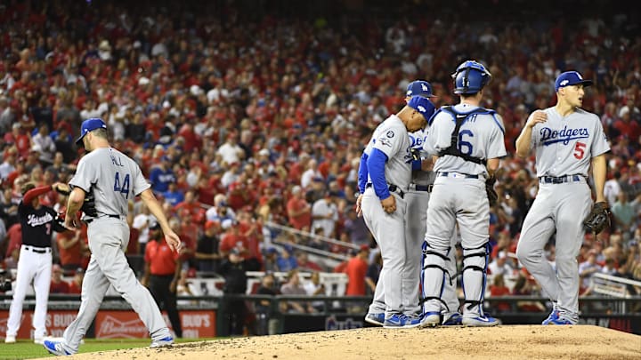 Dodgers starting pitcher Rich Hill (44) is taken out of the game during the third inning against the Washington Nationals in game four of the 2019 NLDS playoff baseball series at Nationals Park on Oct. 7, 2019.
