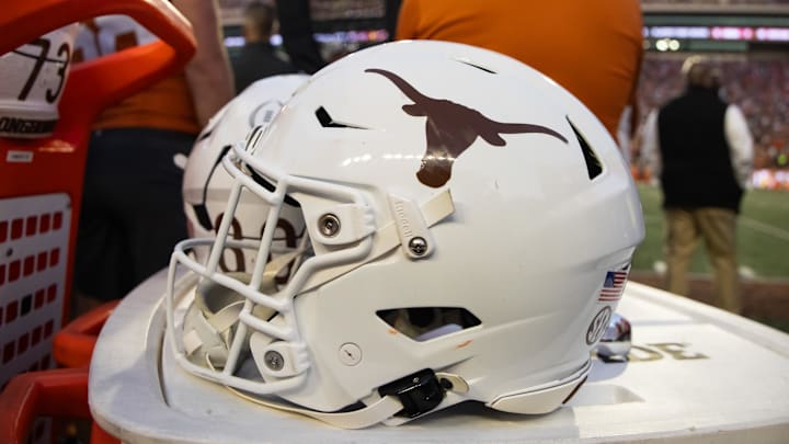 Dec 21, 2024; Austin, Texas, USA; Detailed view of a Texas Longhorns helmet during the CFP National playoff first round at Darrell K Royal-Texas Memorial Stadium. Mandatory Credit: Mark J. Rebilas-Imagn Images