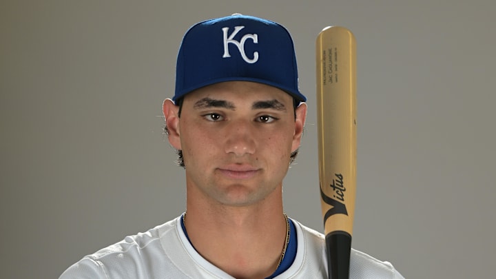 Feb 19, 2025; Surprise, AZ, USA; Kansas City Royals Jac Caglianone (14) poses for a photo during media day. Mandatory Credit: Jayne Kamin-Oncea-Imagn Images Feb 19, 2025; Surprise, AZ, USA; Kansas City Royals Jac Caglianone (14) poses for a photo during media day. Mandatory Credit: Jayne Kamin-Oncea-Imagn Images