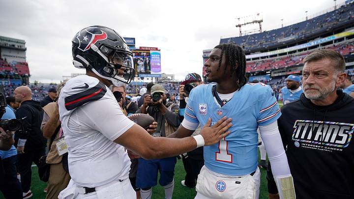 Houston Texans quarterback C.J. Stroud (7) and Tennessee Titans quarterback Cam Ward (1) greet each other after the game at Nissan Stadium in Nashville, Tenn., Sunday, Oct. 11, 2026. Houston Texans quarterback C.J. Stroud (7) and Tennessee Titans quarterback Cam Ward (1) greet each other after the game at Nissan Stadium in Nashville, Tenn., Sunday, Oct. 11, 2026.