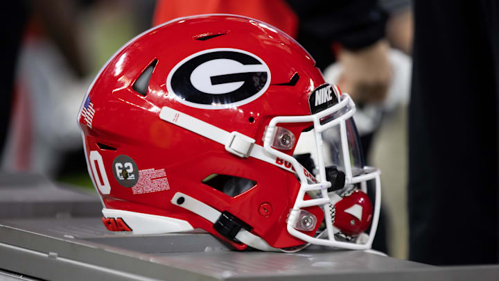 Jan 9, 2023; Inglewood, CA, USA; Detailed view of a Georgia Bulldogs helmet during the CFP national championship game at SoFi Stadium. Mandatory Credit: Mark J. Rebilas-Imagn Images
