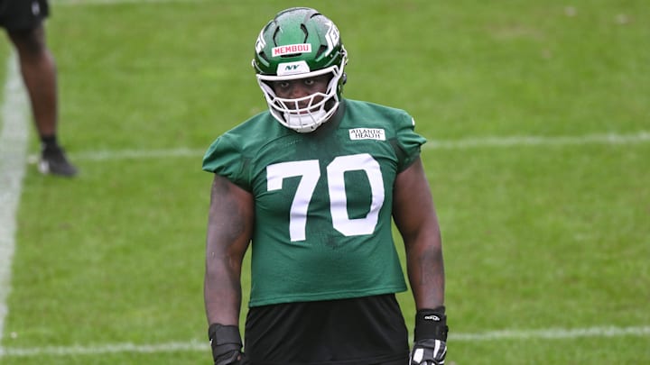 Jun 10, 2025; East Rutherford, NJ, USA; New York Jets offensive tackle Armand Membou (70) looks on during minicamp at Atlantic Health Jets Training Center. Mandatory Credit: John Jones-Imagn Images Jun 10, 2025; East Rutherford, NJ, USA; New York Jets offensive tackle Armand Membou (70) looks on during minicamp at Atlantic Health Jets Training Center. Mandatory Credit: John Jones-Imagn Images
