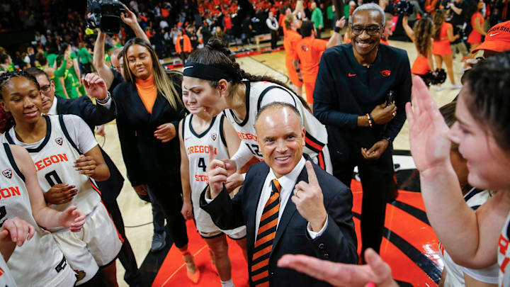 Oregon State head coach Scott Rueck celebrates with the team after defeating Oregon on Friday, Jan. 20, 2023 at Gill Coliseum in Corvallis, Ore. The final score of the game was 68-65.

UofOvsOSU20718