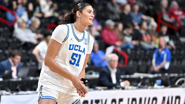 UCLA Bruins center Lauren Betts (51) stretches before a the Elite 8 NCAA Tournament basketball game against the LSU Lady Tigers at Spokane Arena.