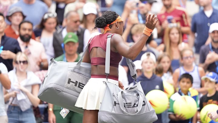 Sep 1, 2025; Flushing, NY, USA; Coco Gauff (USA) exits after her loss to Naomi Osaka (JPN) (not pictured) on day nine of the 2025 U.S. Open tennis tournament at the USTA Billie Jean King National Tennis Center. Sep 1, 2025; Flushing, NY, USA; Coco Gauff (USA) exits after her loss to Naomi Osaka (JPN) (not pictured) on day nine of the 2025 U.S. Open tennis tournament at the USTA Billie Jean King National Tennis Center.