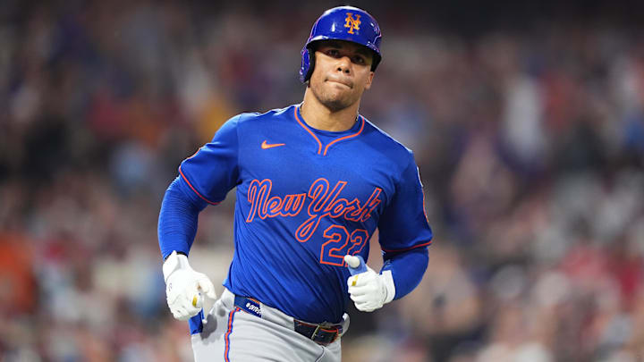 Jun 21, 2025; Philadelphia, Pennsylvania, USA; New York Mets outfielder Juan Soto (22) rounds the bases after hitting a home run against the Philadelphia Phillies in the fifth inning at Citizens Bank Park
