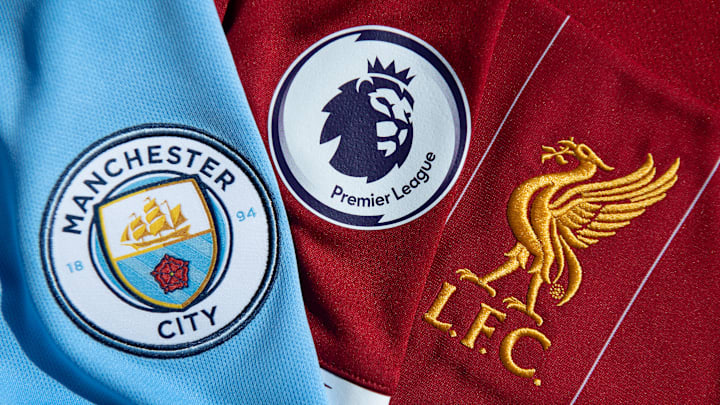 The Premier League Logo with the Club Badges of Manchester City and Liverpool