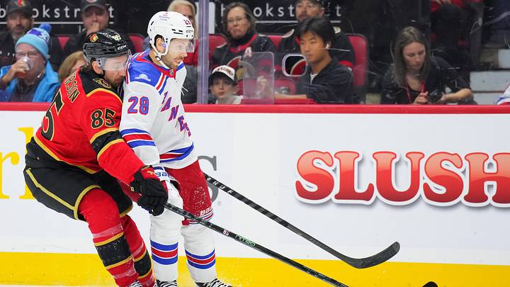 Jake Sanderson and Oliver Bjorkstrand in a puck battle when the New York Rangers visited the Ottawa Senators Saturday night Jake Sanderson and Oliver Bjorkstrand in a puck battle when the New York Rangers visited the Ottawa Senators Saturday night