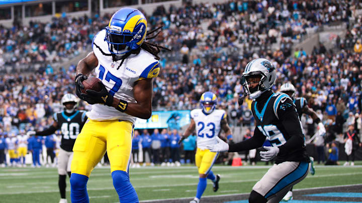 Nov 30, 2025; Charlotte, North Carolina, USA;  Los Angeles Rams wide receiver Davante Adams (17) makes a catch for a touchdown during the second quarter against the Carolina Panthers at Bank of America Stadium. Mandatory Credit: Scott Kinser-Imagn Images