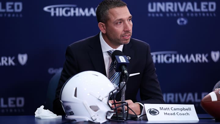 Matt Campbell answers questions from the media after being announced as the Penn State Nittany Lions new head coach during a press conference at Beaver Stadium. Matt Campbell answers questions from the media after being announced as the Penn State Nittany Lions new head coach during a press conference at Beaver Stadium.