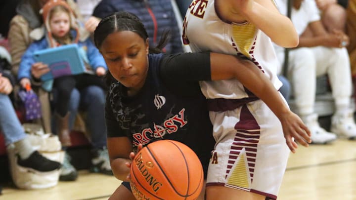 Argosy Collegiate Charter's Gabriela Tavares Mosquea tries to get around Bristol Aggie's Abigail Krzyszton during an MIAA-MCSAO crossover game on Dec. 13, 2024. Argosy Collegiate Charter's Gabriela Tavares Mosquea tries to get around Bristol Aggie's Abigail Krzyszton during an MIAA-MCSAO crossover game on Dec. 13, 2024.