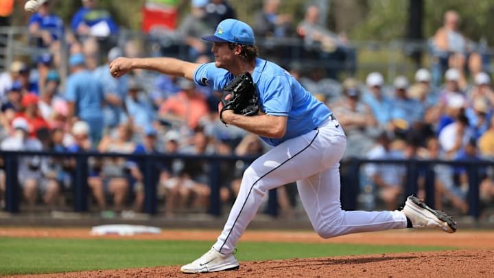 Feb 27, 2026; Port Charlotte, Florida, USA; Tampa Bay Rays pitcher Jake Woodford (41) throws a pitch during the third inning against the Toronto Blue Jays at Charlotte Sports Park. Mandatory Credit: Kim Klement Neitzel-Imagn Images