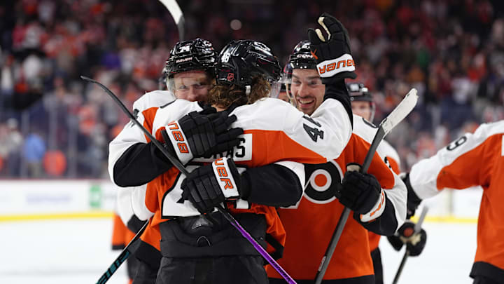 Mar 29, 2026; Philadelphia, Pennsylvania, USA; Philadelphia Flyers center Trevor Zegras (46) celebrates with right wing Owen Tippett (74) after scoring a goal against the Dallas Stars in overtime at Xfinity Mobile Arena. Mar 29, 2026; Philadelphia, Pennsylvania, USA; Philadelphia Flyers center Trevor Zegras (46) celebrates with right wing Owen Tippett (74) after scoring a goal against the Dallas Stars in overtime at Xfinity Mobile Arena.