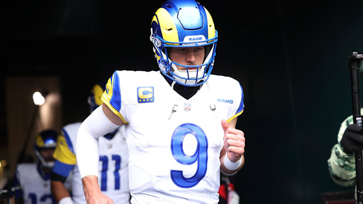 Jan 19, 2025; Philadelphia, Pennsylvania, USA; Los Angeles Rams quarterback Matthew Stafford (9) runs onto the field prior to the game against the Philadelphia Eagles in a 2025 NFC divisional round game at Lincoln Financial Field. Mandatory Credit: Bill Streicher-Imagn Images