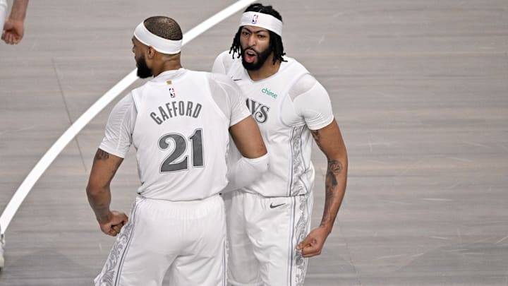 Feb 8, 2025; Dallas, Texas, USA; Dallas Mavericks forward Anthony Davis (3) and center Daniel Gafford (21) celebrates after Davis dunks the ball during the game between the Dallas Mavericks and the Houston Rockets at the American Airlines Center. Mandatory Credit: Jerome Miron-Imagn Images
