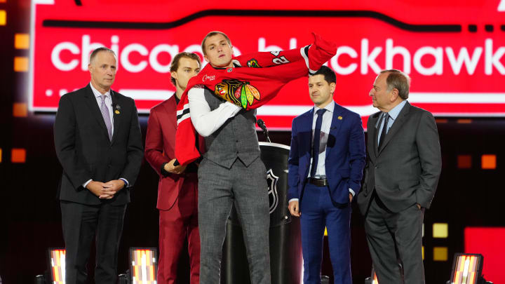 Jun 28, 2024; Las Vegas, Nevada, USA; Artyom Levshunov is selected with the 2nd overall pick in the first round of the 2024 NHL Draft by the Chicago Blackhawks at The Sphere. Mandatory Credit: Stephen R. Sylvanie-USA TODAY Sports Jun 28, 2024; Las Vegas, Nevada, USA; Artyom Levshunov is selected with the 2nd overall pick in the first round of the 2024 NHL Draft by the Chicago Blackhawks at The Sphere. Mandatory Credit: Stephen R. Sylvanie-USA TODAY Sports