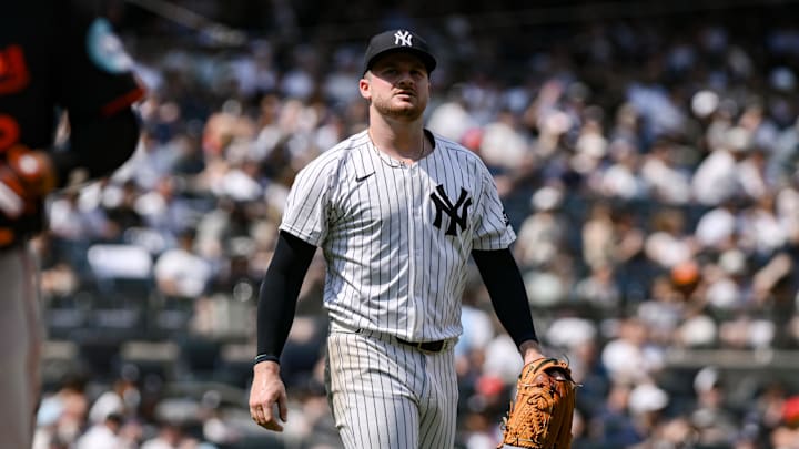 Jun 21, 2025; Bronx, New York, USA; New York Yankees pitcher Clarke Schmidt (36) during the seventh inning against the Baltimore Orioles at Yankee Stadium. Mandatory Credit: John Jones-Imagn Images