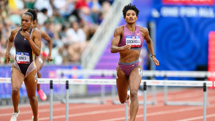 Jun 29, 2024; Eugene, OR, USA; Anna Cockrell dominates her 400 meter hurdle semifinal during the US Olympic Track and Field Team Trials. Mandatory Credit: Craig Strobeck-Imagn Images Jun 29, 2024; Eugene, OR, USA; Anna Cockrell dominates her 400 meter hurdle semifinal during the US Olympic Track and Field Team Trials. Mandatory Credit: Craig Strobeck-Imagn Images