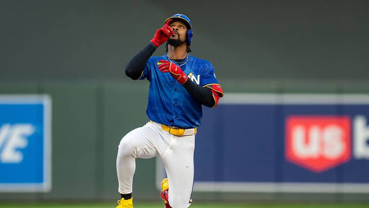 Jun 26, 2026; Minneapolis, Minnesota, USA; Minnesota Twins center fielder Byron Buxton (25) celebrates hitting a RBI double against the Colorado Rockies in the fifth inning at Target Field. Mandatory Credit: Jesse Johnson-Imagn Images Jun 26, 2026; Minneapolis, Minnesota, USA; Minnesota Twins center fielder Byron Buxton (25) celebrates hitting a RBI double against the Colorado Rockies in the fifth inning at Target Field. Mandatory Credit: Jesse Johnson-Imagn Images