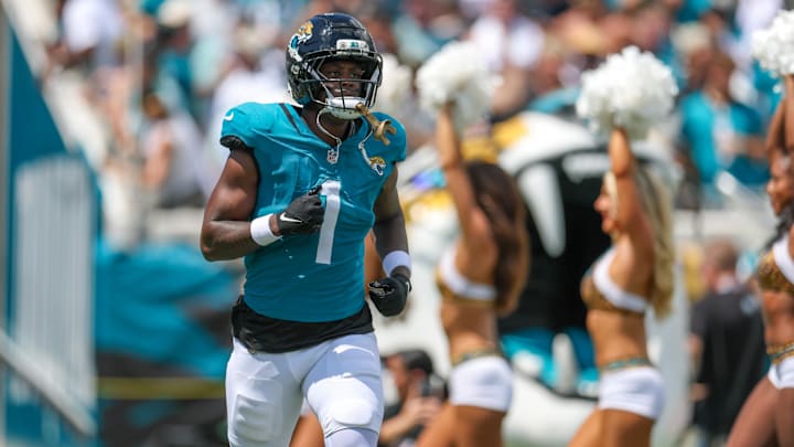 Jacksonville Jaguars running back Travis Etienne Jr. (1) takes the field prior to a game against the Carolina Panthers during the first half at EverBank Stadium. Jacksonville Jaguars running back Travis Etienne Jr. (1) takes the field prior to a game against the Carolina Panthers during the first half at EverBank Stadium.
