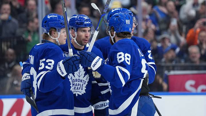 Apr 13, 2026; Toronto, Ontario, CAN; Toronto Maple Leafs center John Tavares (91) scores a goal and celebrates with right wing William Nylander (88) against the Dallas Stars during the first period at Scotiabank Arena. Mandatory Credit: Nick Turchiaro-Imagn Images Apr 13, 2026; Toronto, Ontario, CAN; Toronto Maple Leafs center John Tavares (91) scores a goal and celebrates with right wing William Nylander (88) against the Dallas Stars during the first period at Scotiabank Arena. Mandatory Credit: Nick Turchiaro-Imagn Images