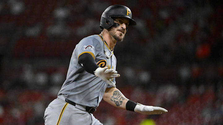 Sep 19, 2024; St. Louis, Missouri, USA;  Pittsburgh Pirates catcher Yasmani Grandal (6) reacts as he runs the bases after hitting a game tying solo home run against the St. Louis Cardinals during the seventh inning at Busch Stadium. Mandatory Credit: Jeff Curry-Imagn Images