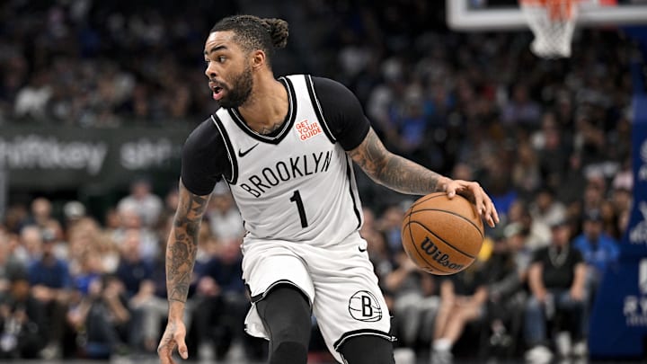 Mar 31, 2025; Dallas, Texas, USA; Brooklyn Nets guard D'Angelo Russell (1) in action during the game between the Dallas Mavericks and the Brooklyn Nets at the American Airlines Center. Mandatory Credit: Jerome Miron-Imagn Images